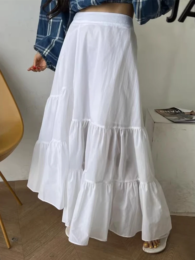 Ele ฤดูร้อน A-Line Midi กระโปรงผู้หญิงสูงเอวกระโปรงยาว Slimming Splice Lace Trim Elastic เอวอเนกประสงค์เดินทาง Sle