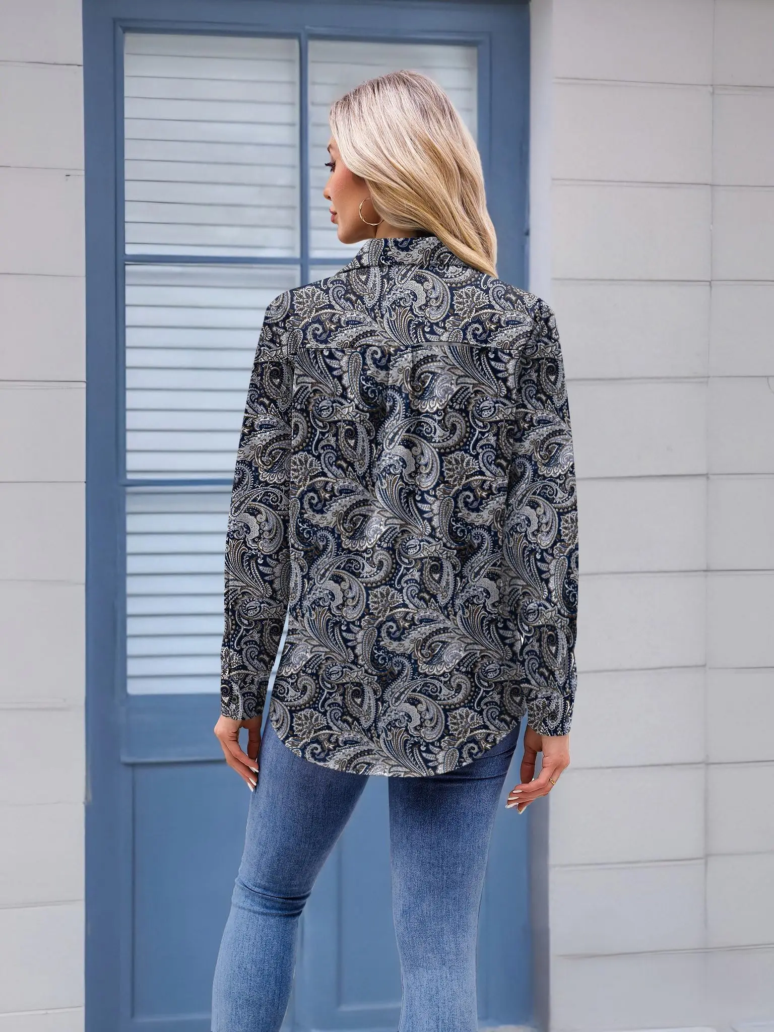 Women's Ethnic Flower Pattern Long Sleeve Shirt Business Work Elegant Casual With Pockets Summer Spring Clothing