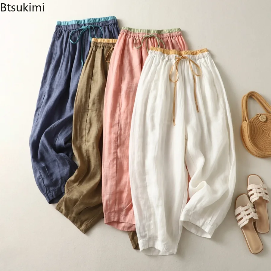 

Lady Flax Wide Leg Pants Summer Ladies Casual Loose Lacing Elastic Waist Straight Trousers Women Retro Artistic Casual Pants
