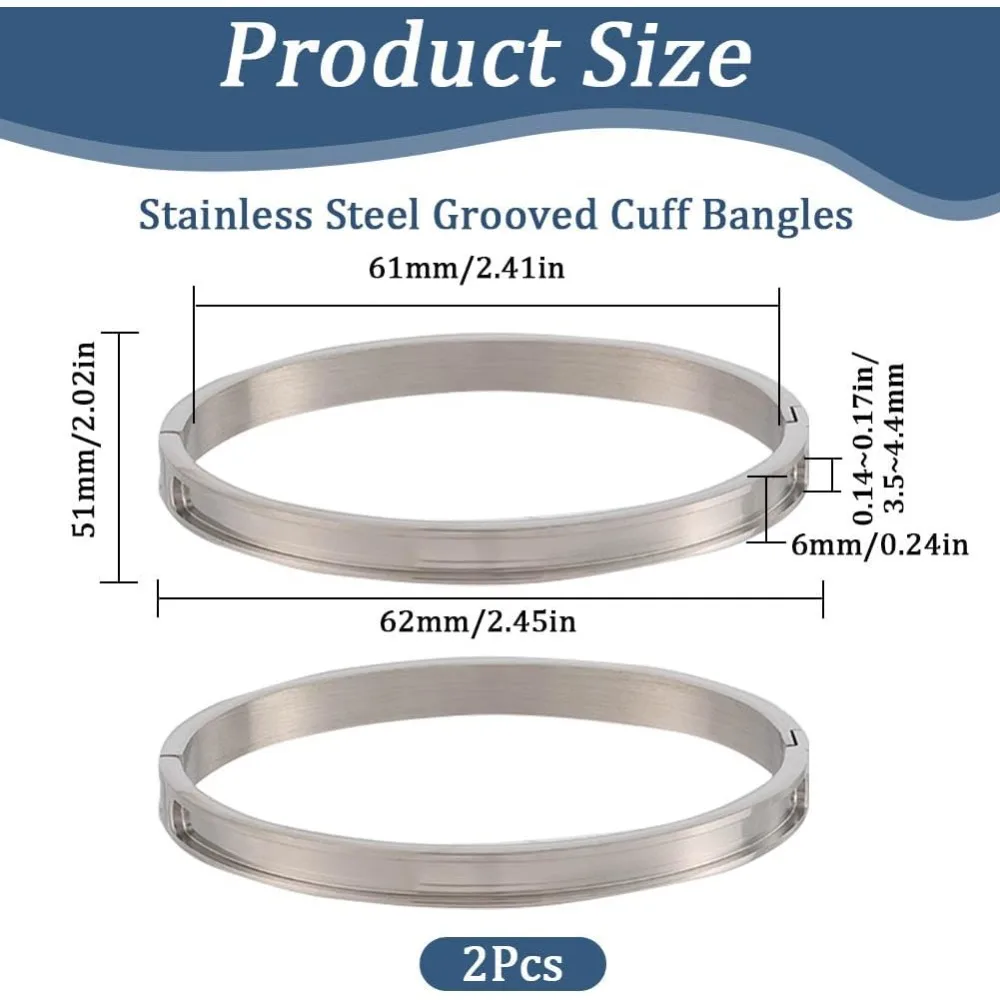 Picture 3: 2Pcs Bracelet Blank Stainless Steel Hinged Bracelets Blank 51x61mm Empty Cuff Bangle Grooved Inlay Bracelet Base for Jewelry kit
