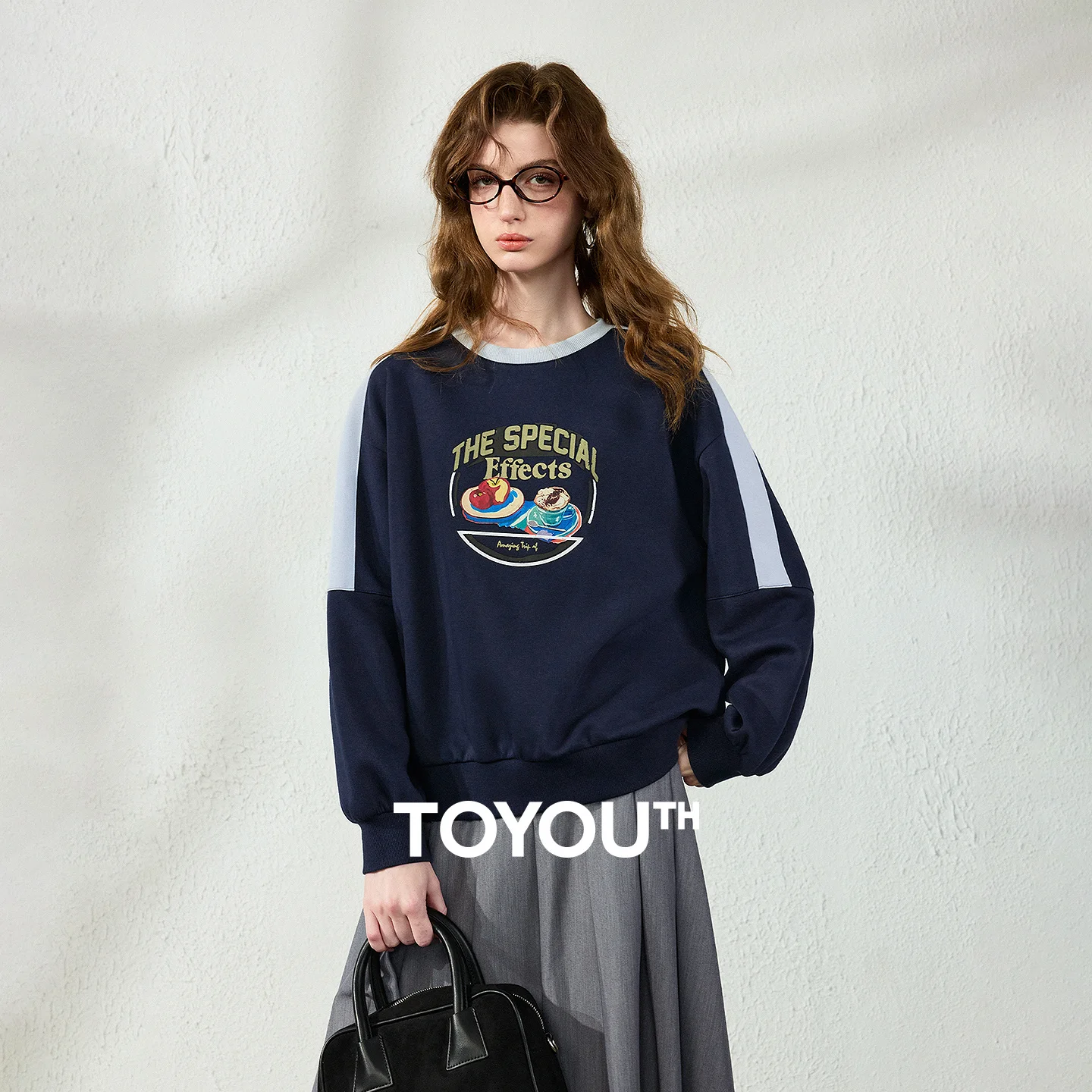 TOYOUTH Women Sweatshirt 2026 Autumn New American Vintage Loose Crew Neck Dessert Illustration Jersey Style Cotton Pullover Tops
