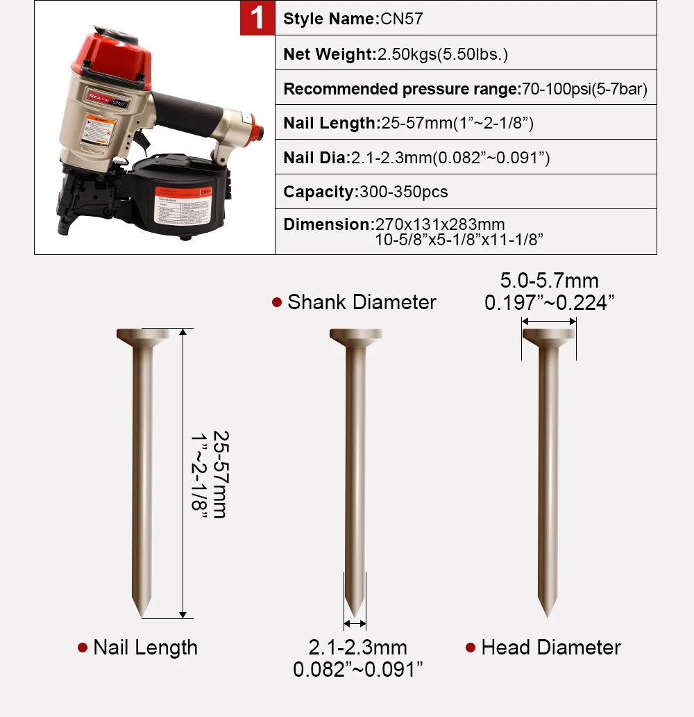 Reilyn CN57 CN70 CN80 CN90B Pneumatischer Spulennagler Luftnagler Nagelpistole für Möbel Dachverkleidung Palettenherstellung – Detail 2
