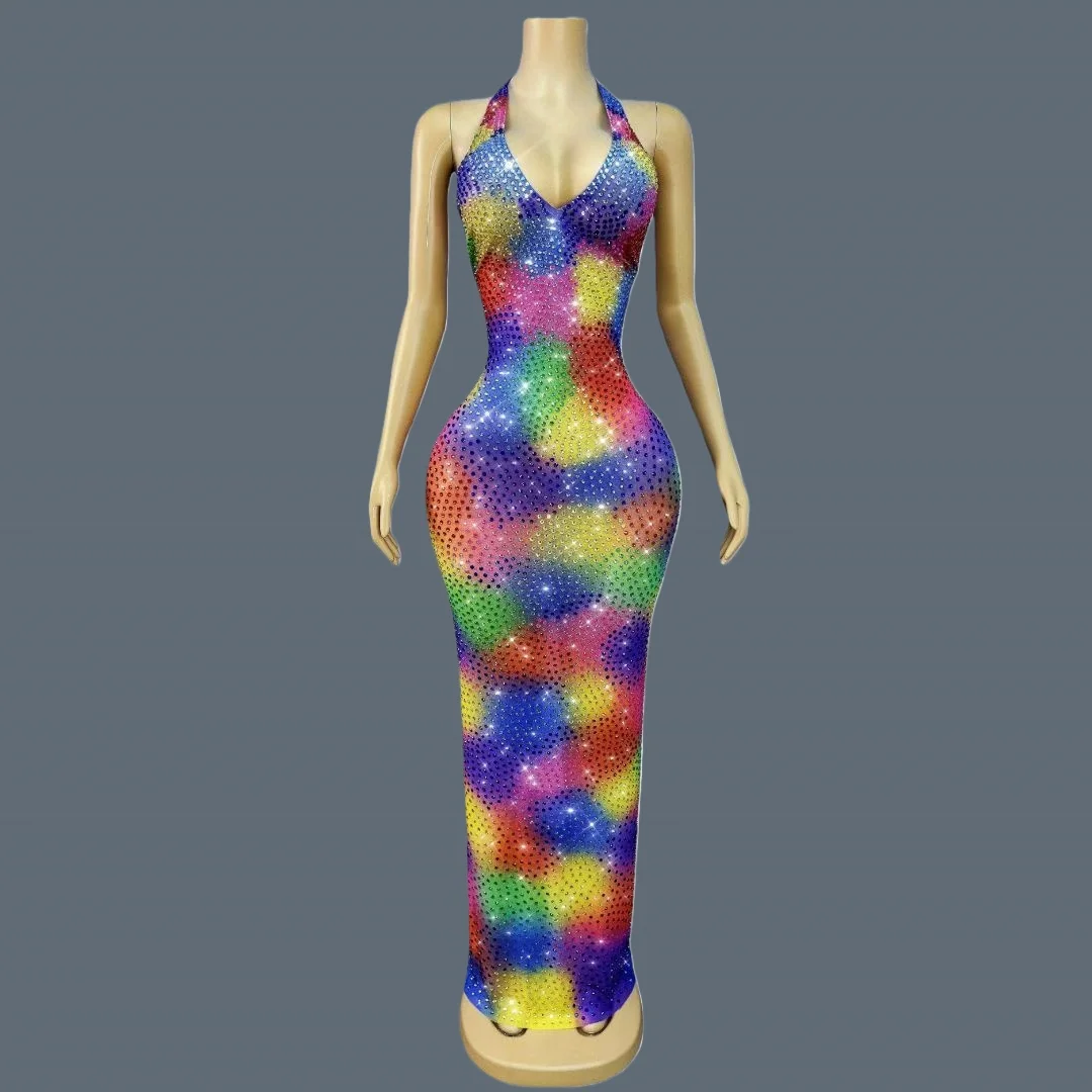 

Multicolour Sparkly Full Rhinestone Evening Dress Deep V Neck High-end Party Women Sexy Outfit Bandage Long Dresses Caimohua