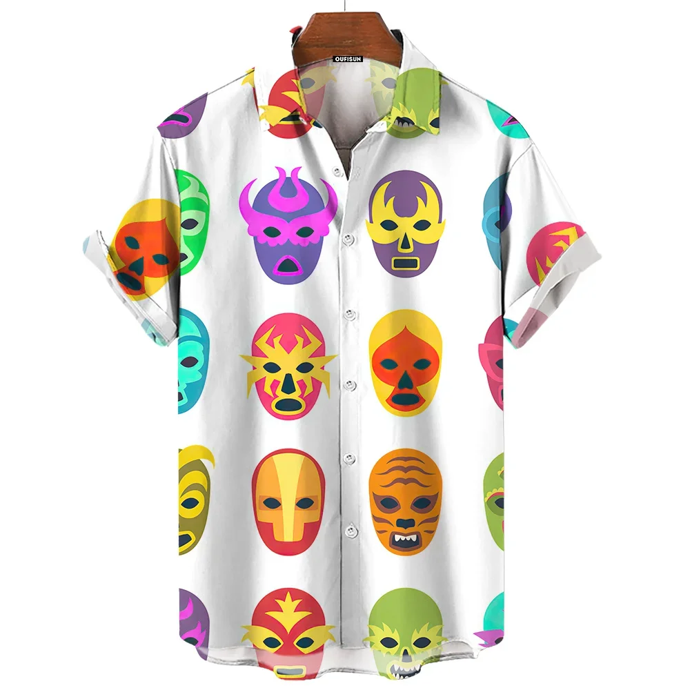 New casual men\'s shirt wrestling mexican 3D print lucha libre loose oversized short sleeve fitness beach hawaiian top lapel cool