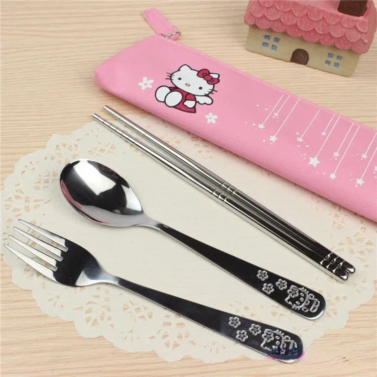 Sanrio Peripheral Cute HelloKittys Kids Tableware Set Anime Cartoon Baby Meal Metal Spoon Fork Chopsticks Kawaii Tableware Gift