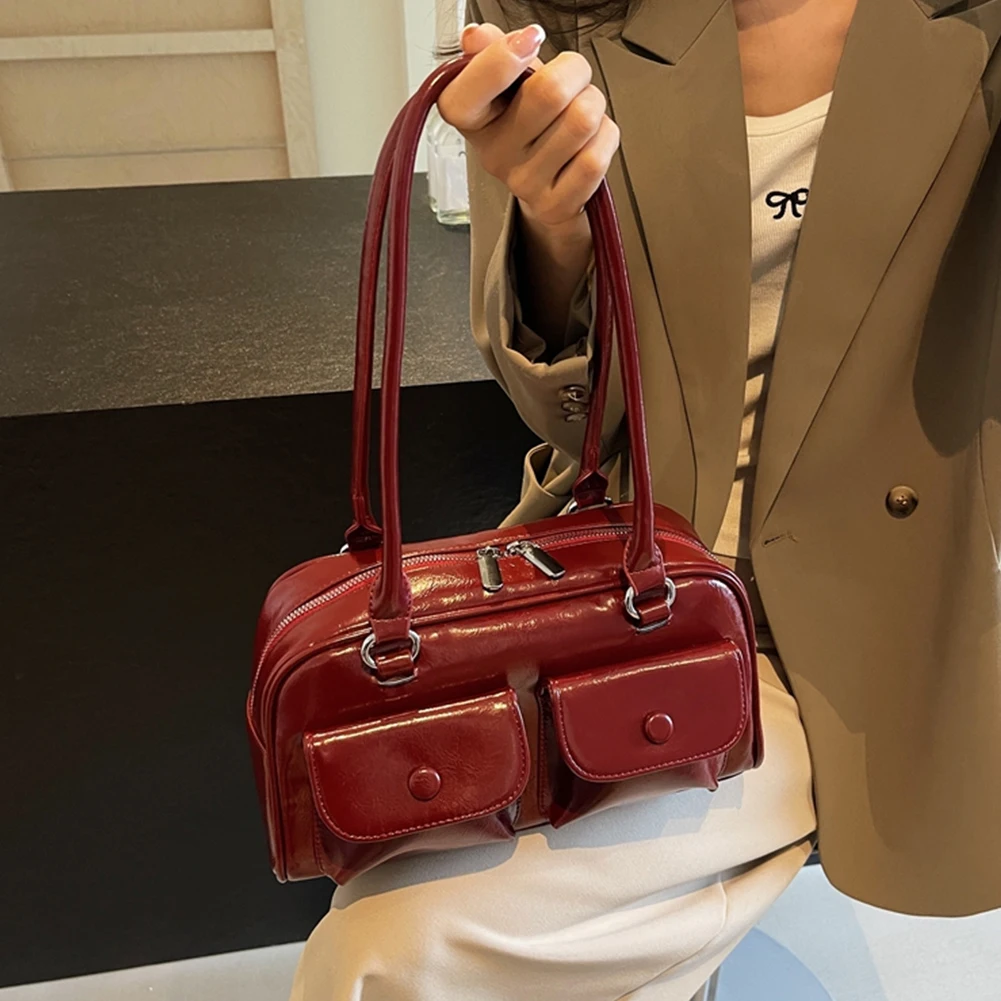 Vintage Women Business Shoulder Bag Simple Ladies Commute Tote Bag PU Leather Female Underarm Bag Wine Red Large Handbags Purses