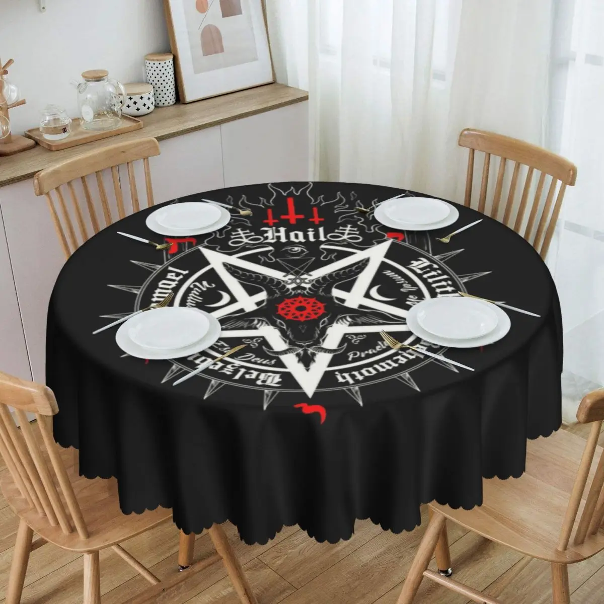 Satanic Baphomet Leviathan Cross Tablecloth Round Oilproof Satan Devil Pentagram Table Cover Cloth for Party 60 inches