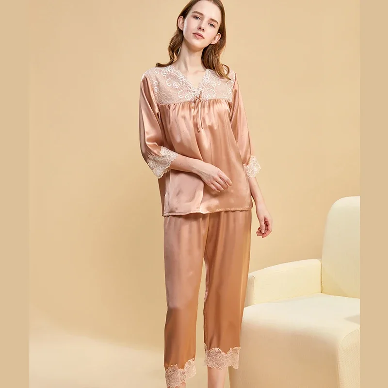

Женская пижама с кружевной отделкой 19 мм, комплект домашней одежды из 100% тутового шелка, топ и брюки с v-образным вырезом, комплект из двух предметов, корейский сладкий пижамный комплект, одежда для сна