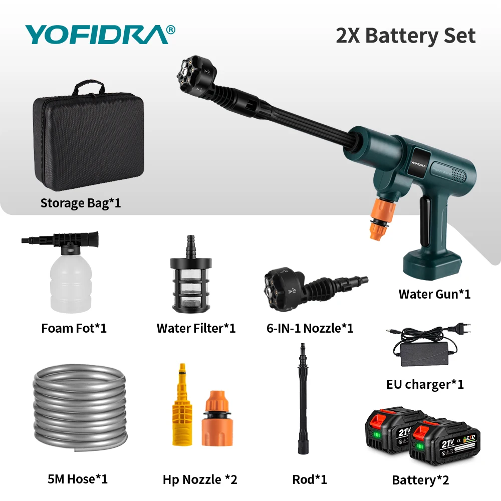 YOFIDRA 200Bar Bürstenlose Elektrische Waschpistole 6-in-1 Hochdruck-Autowaschpistole Gartenreinigungssprühpistole für Makita 21V Akku