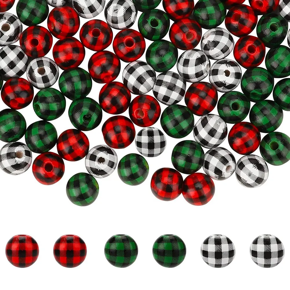 120 Pcs Plaid Wooden Beads, Buffalo Plaid Print Wood Beads Handmade Round Rustic Farmhouse Wood Beads (16Mm) 3 Colors