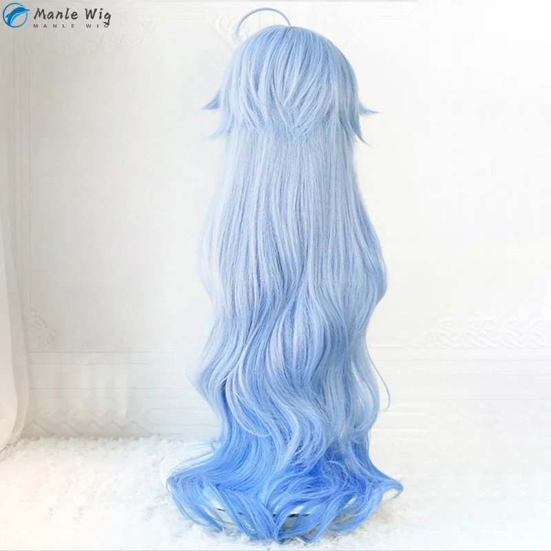 Genshin Impact Ganyu Cosplay Peruca, Gradiente Azul Cabelo Encaracolado, Peruca Anime Resistente Ao Calor, Boné, 90cm