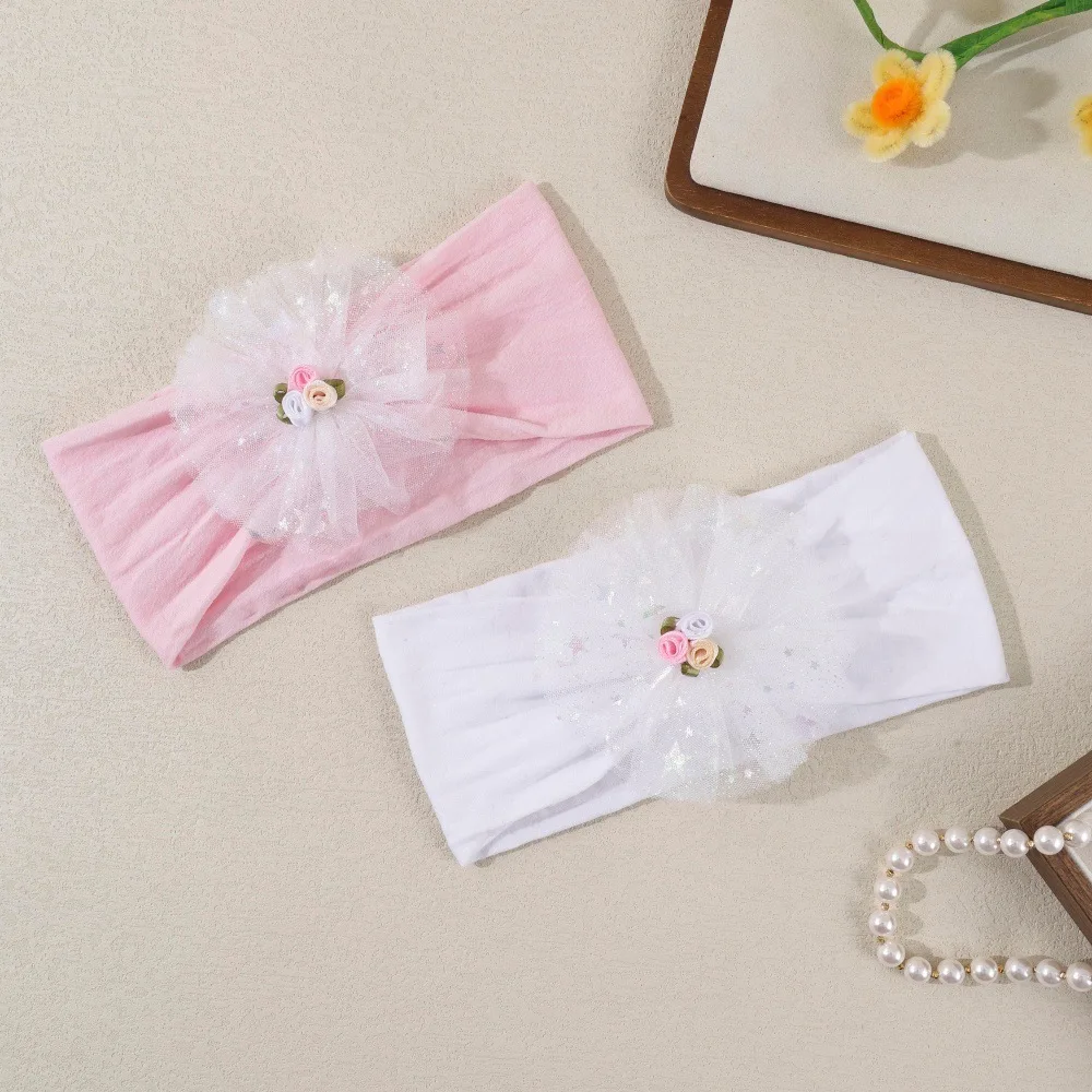 

Шифоновая повязка на голову с цветочным принтом, аксессуары для волос для новорожденных, сетчатый цветок со звездами, детская широкая мягкая розовая повязка на голову, тюрбан для маленьких девочек, белый цвет