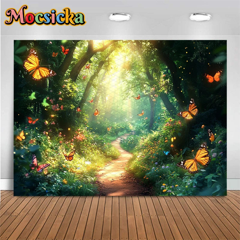Mocsicka Natural Scenery Photo Backdrop Spring Green Forest Butterfly Pattern Photography Background Decorations Studio Banner