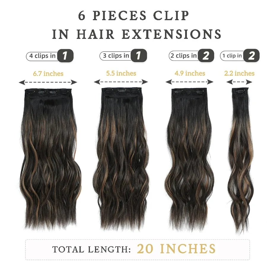 وصلات شعر صناعية بمشبك 6 قطع شعر طبيعي وناعم لمزج سلس قطع شعر طويلة مموجة 20 بوصة 6 قطع أسود أ