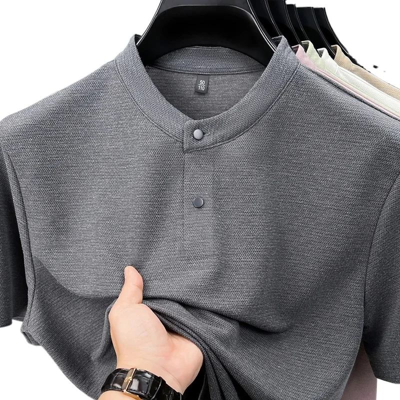 

2026 New Men's Stand Collar Henley T Shirt with Single Button Placket Textured Fabric Short Sleeve for Daily Wear