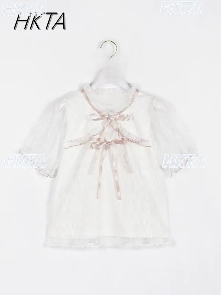 Estilo japonés agradable arco encaje hasta encaje hueco Tops camisa mujeres desplazamientos versátil cuello redondo manga corta blanco rosa camiseta