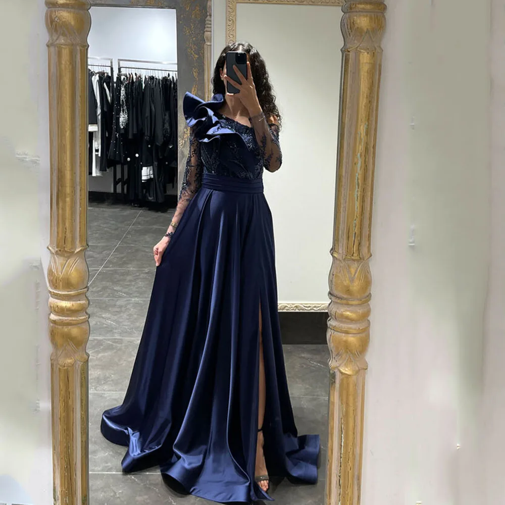 

Blue Evening Dresses For Women V-Neck Full Sleeves Lace Applique Prom Dresses Satin A-Line Side Split Sweep Train فستان سهرة