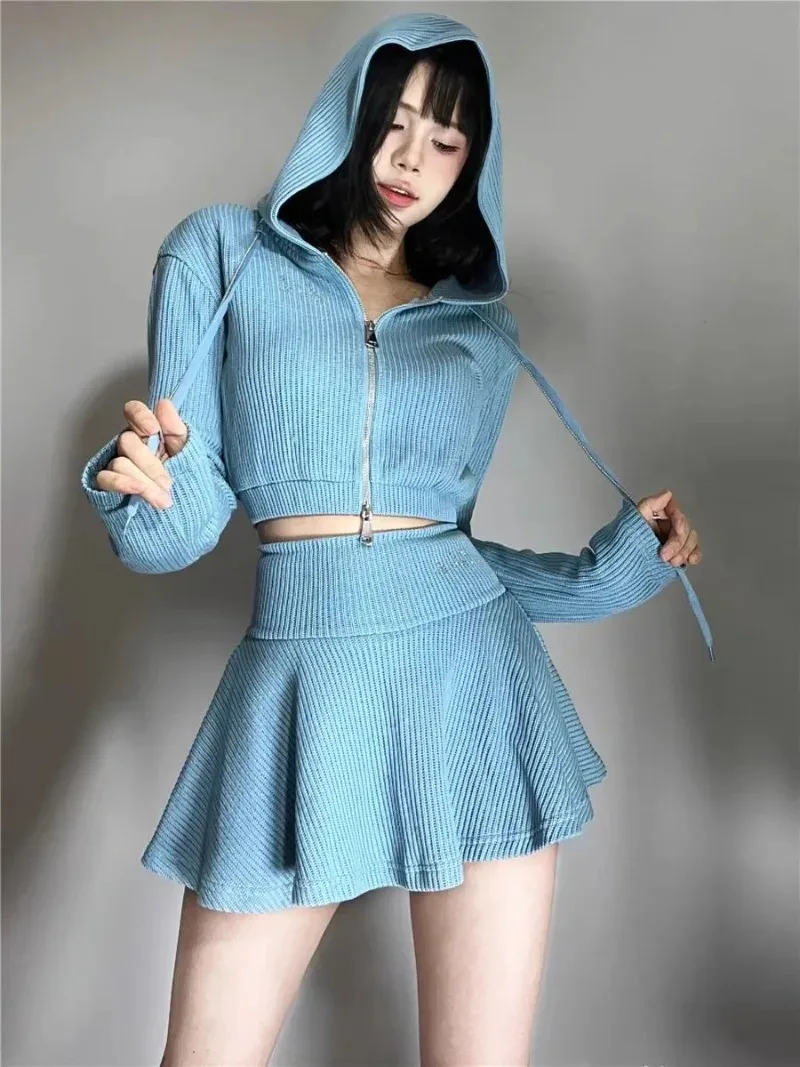 Korean Spicy Girls Hooded Hoodies Skirt Two-piece Set Women Fashion Solid Zipper Drawstring Elastic Sweet Slim Autumn Lady Suit