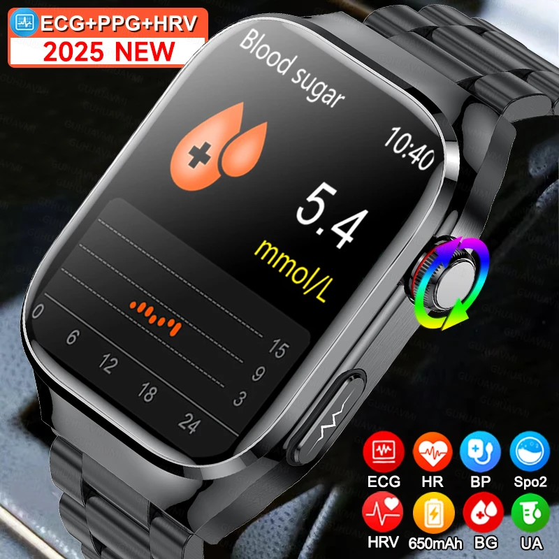 Смарт-часы для измерения уровня глюкозы в крови, 2025 года, для мужчин, ЭКГ + PPG, жир в крови, мочевая кислота, частота сердечных сокращений, 650 мАч, Bluetooth, умные часы для здоровья