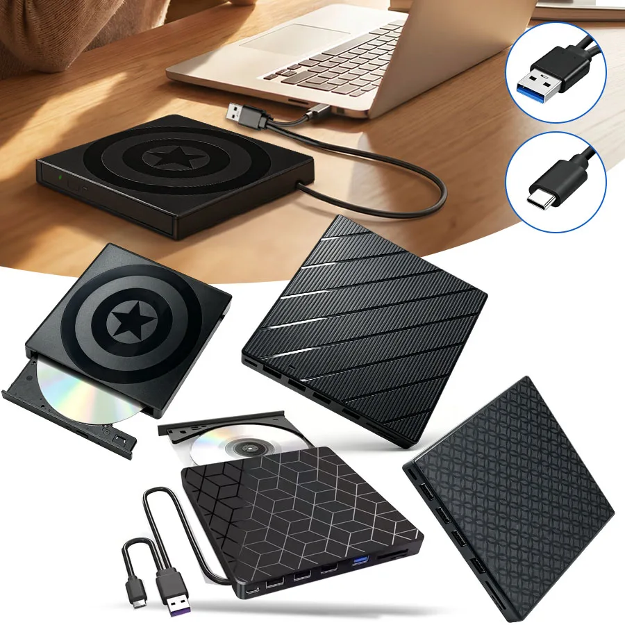 7 in 1 External DVD Drive USB 3.0 Type-C CD/DVD Burner Writer Reader Player Portable Optical Drive for Desktop Mac Windows Linux