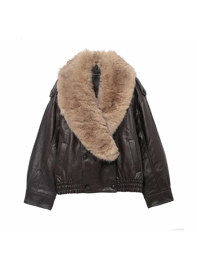 Nueva chaqueta de piel sintética para mujer, abrigo de motociclista con cuello de piel, abrigo de manga larga con cuello desmontable para mujer