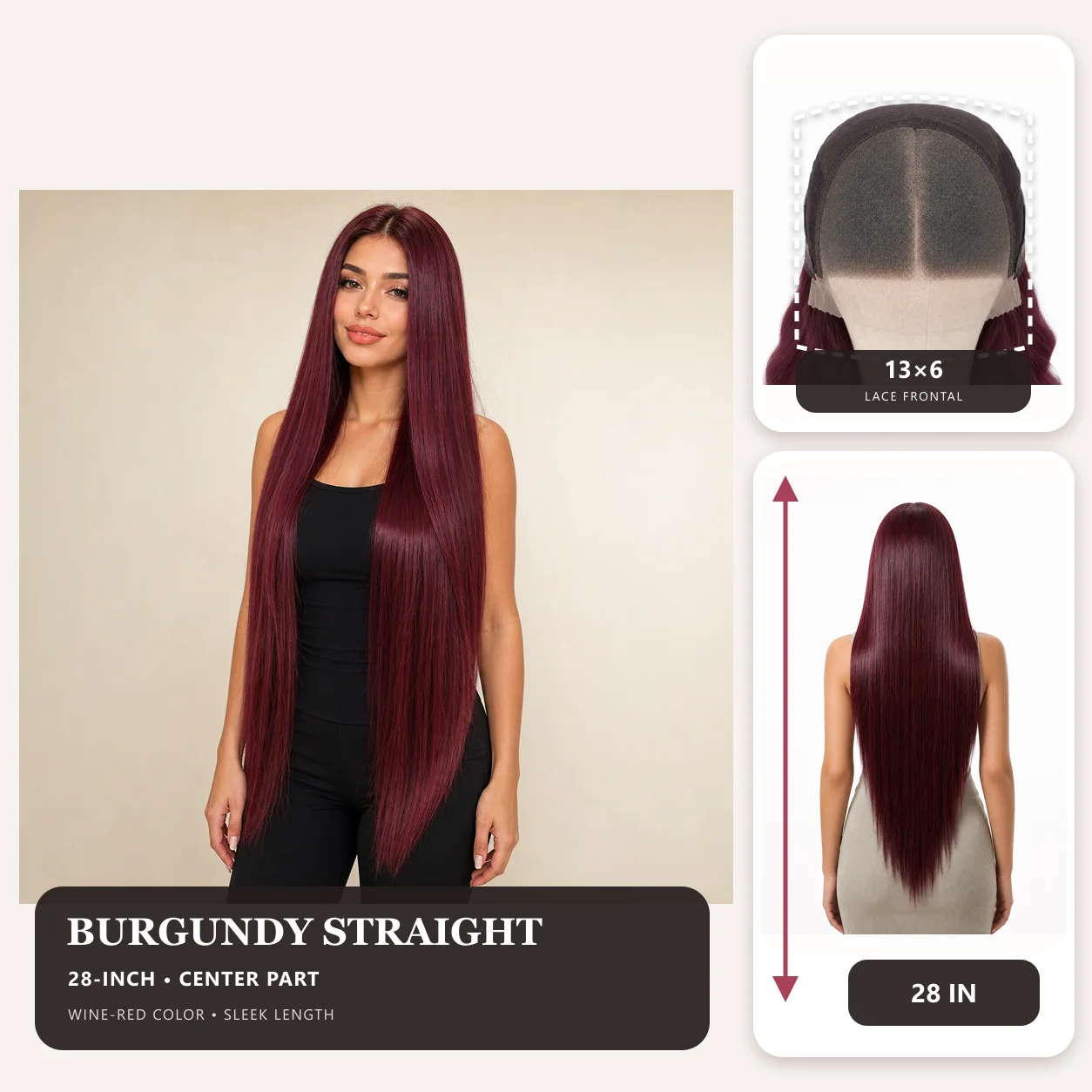 28 Inch Burgundy Straight 13×6 Lace Frontal Wig Deep Wine Red Long Silky Straight Synthetic Wig