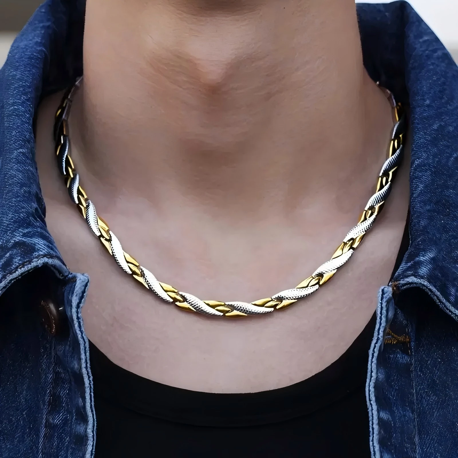 

Men's collar, stainless steel titanium, with 44 round pearls, also suitable for women, removable mechanical chain