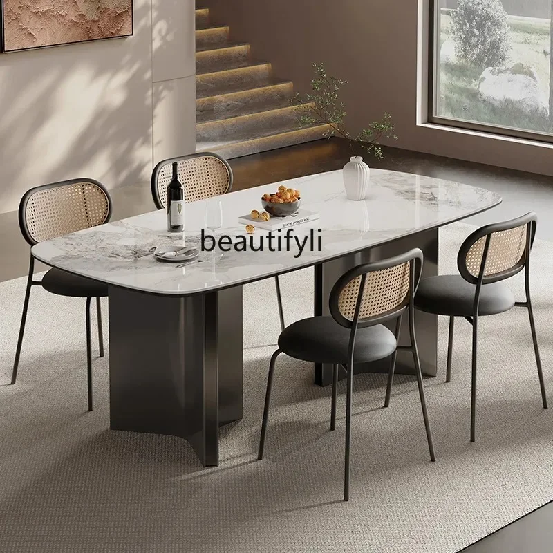Stone Plate Dining Table Living Room Mid-Ancient Style Small Apartment Stainless Steel Light Luxury High-End Modern Simple