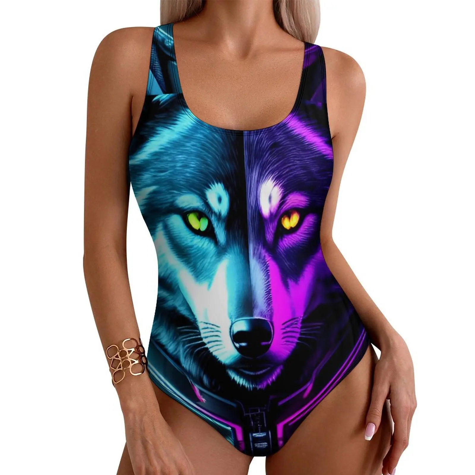 Cyber Wolf Neon Swimsuit Sexy Funny Animal Women Swimwear One Piece Fashion Swimsuits Holiday Surf Push Up Backless Monokini