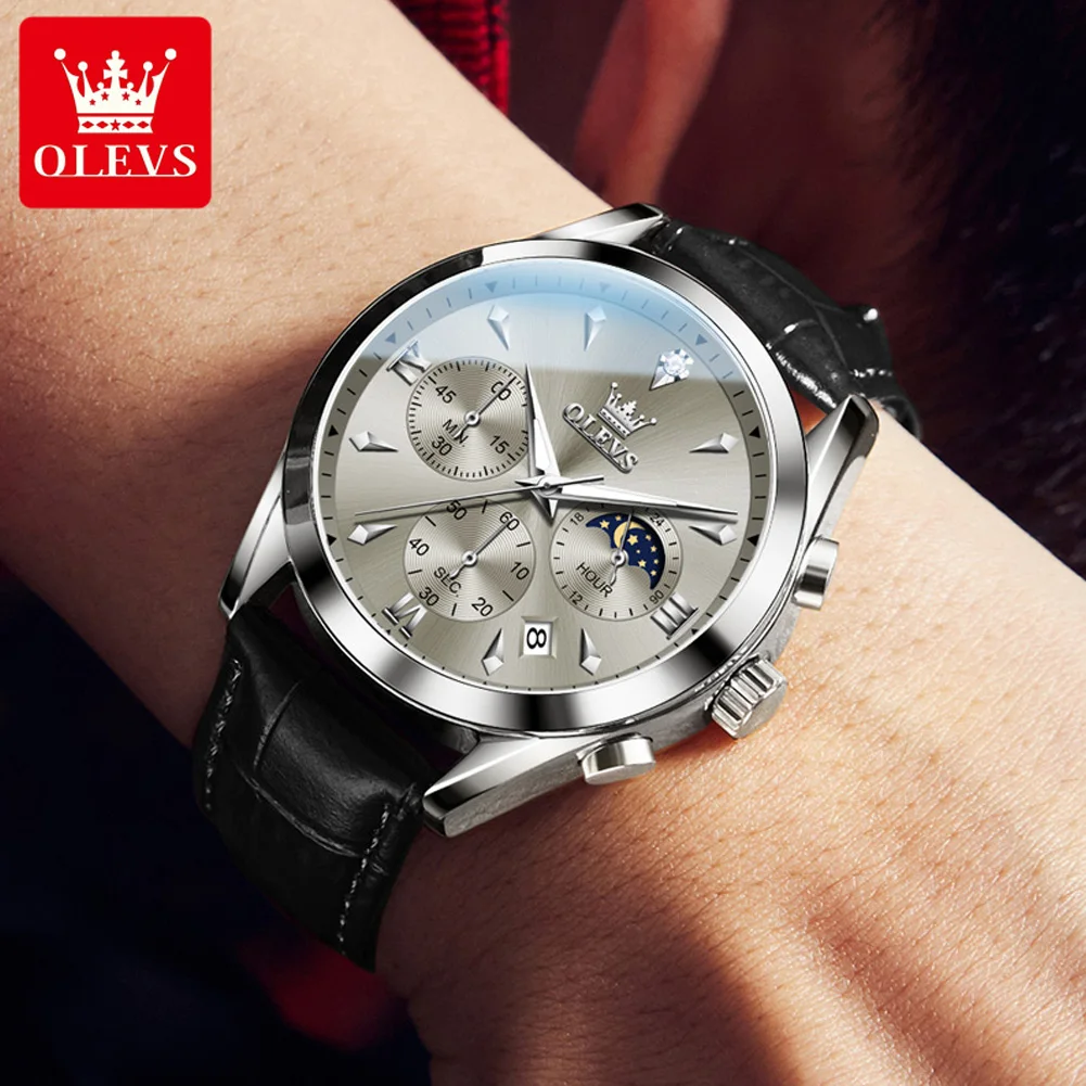 OLEVS Original Quartz Watch for Men Luxury Top Leather Strap Waterproof Moon Phase Chronograph Sports Wristwatch Auto Date Clock