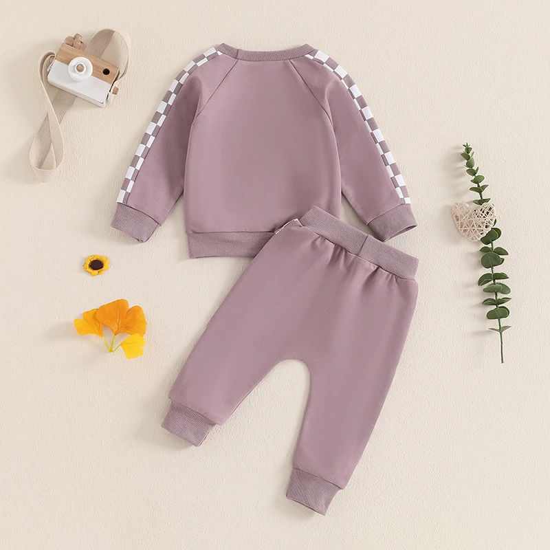 Little Boy Girl Fall Clothes Checkerboard Print Long Sleeve Sweatshirt with Elastic Waist Pants 2Pcs Outfits