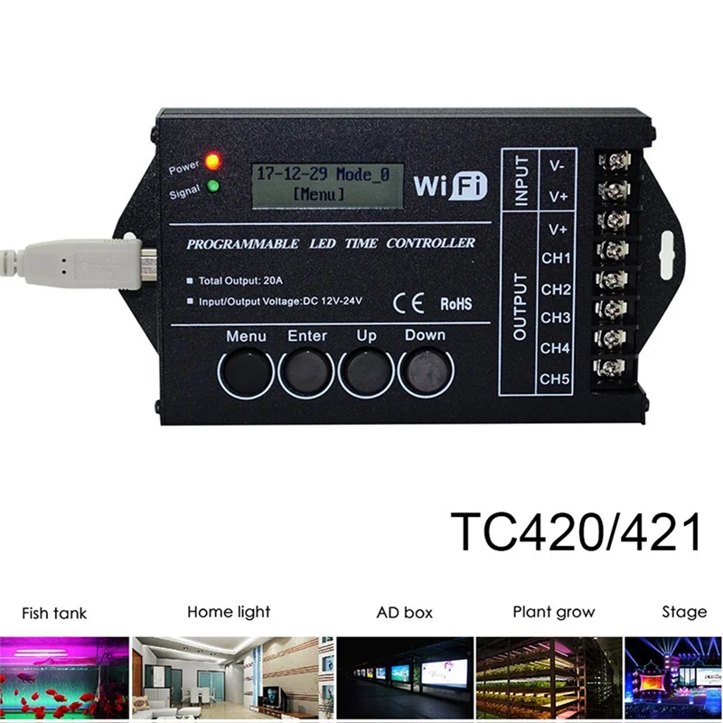 Contrôleur de Bande LED Programmable avec Anode Commune, Gradateur, Wifi, RVB, Temps, DC, 12V, 24V, TC421, 5 Canaux, 20A