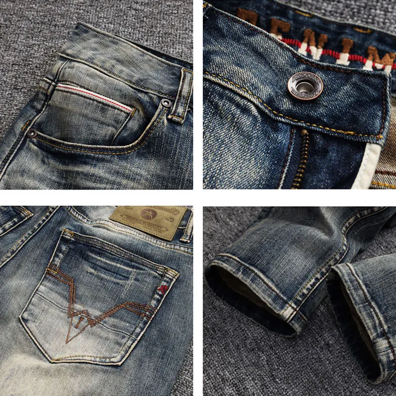 Italian Style Fashion Men Jeans High Quality Retro Washed Stretch Slim Fit Ripped Jeans Men Vintage Designer Denim Pants Hombre