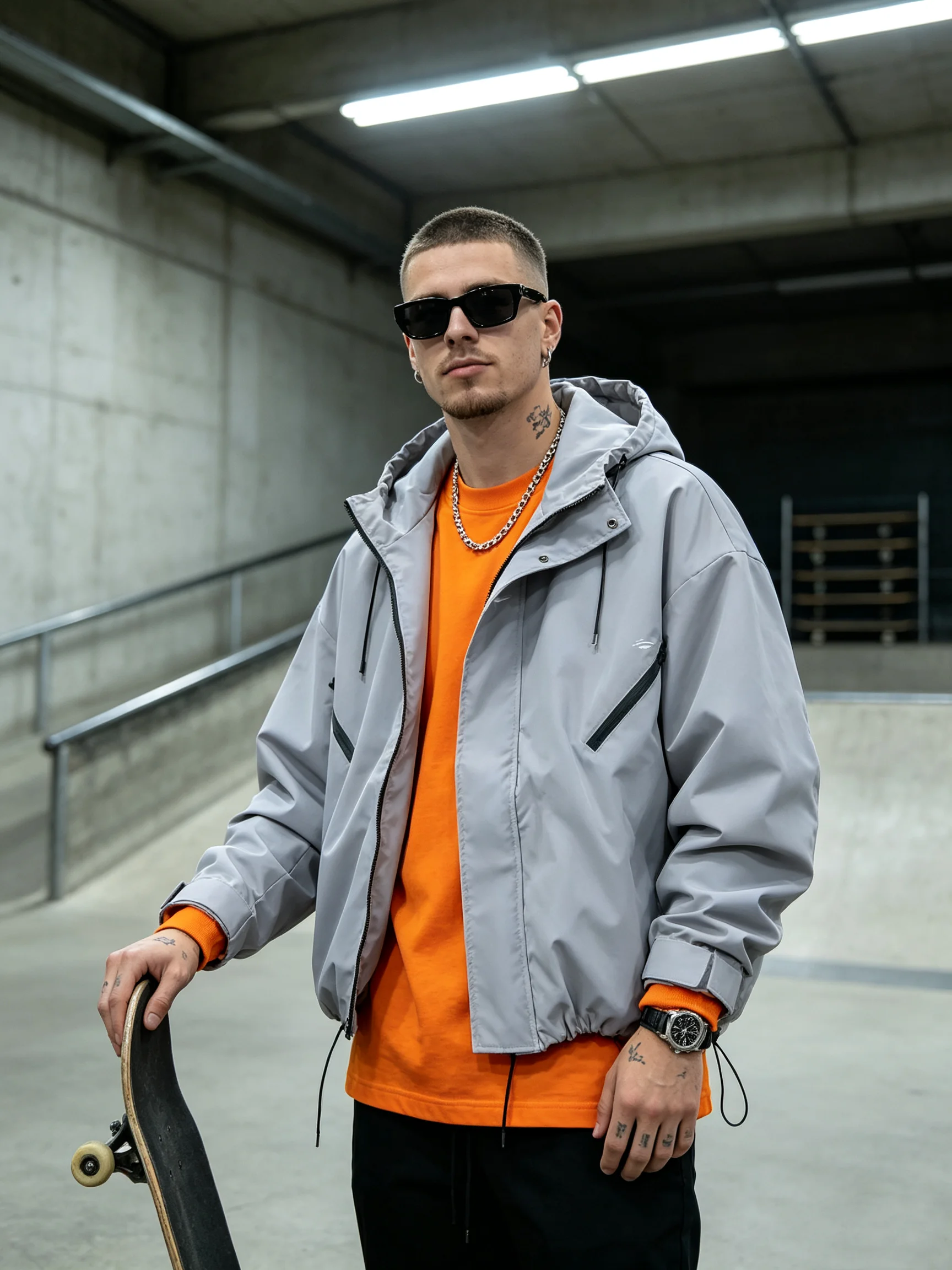 Men's Hooded Windbreaker Jacket Drawstring Hem Waterproof Zip‑Up Outdoor Streetwear Windproof Casual Outerwear