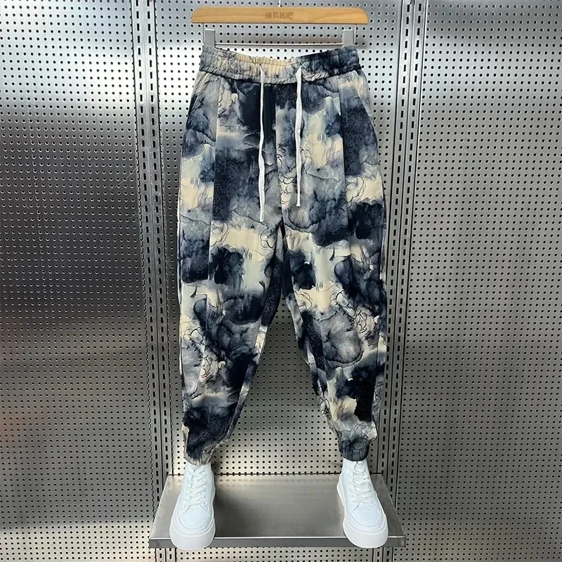 

Streetwear Casual Pants Men's Summer New Painting Tie-dye Design Sense 9 Nine-point Pants Men Baggy Haren Pants Men Clothing S70