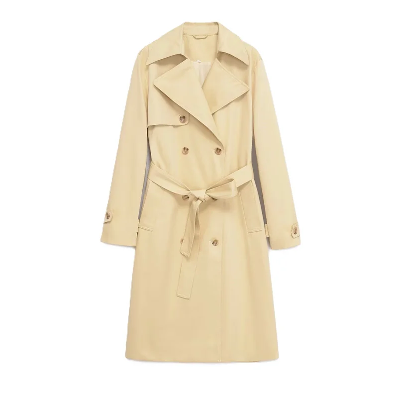 

Женский плащ цвета хаки, новинка 2023 года, осеннее двубортное пальто с длинными рукавами и поясом, модная элегантная ветровка в британском стиле