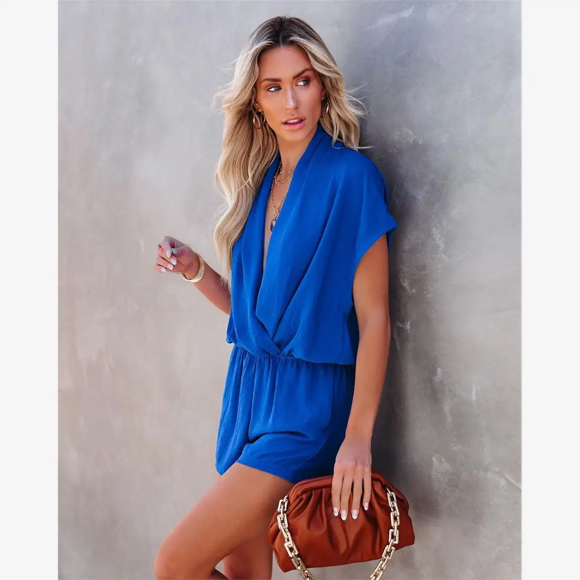 섹시한 V넥 캐주얼 루즈 바디수트 여성 스트리트 스타일 하이웨이스트 오버 팬츠 폴리에스터 원단 섹시한 원피스