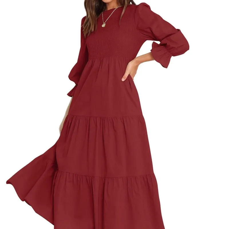 Primavera e outono moda mulher manga comprida plissado em camadas vestido de cor sólida elegante feminino em torno do pescoço plissado borda maxi vestidos