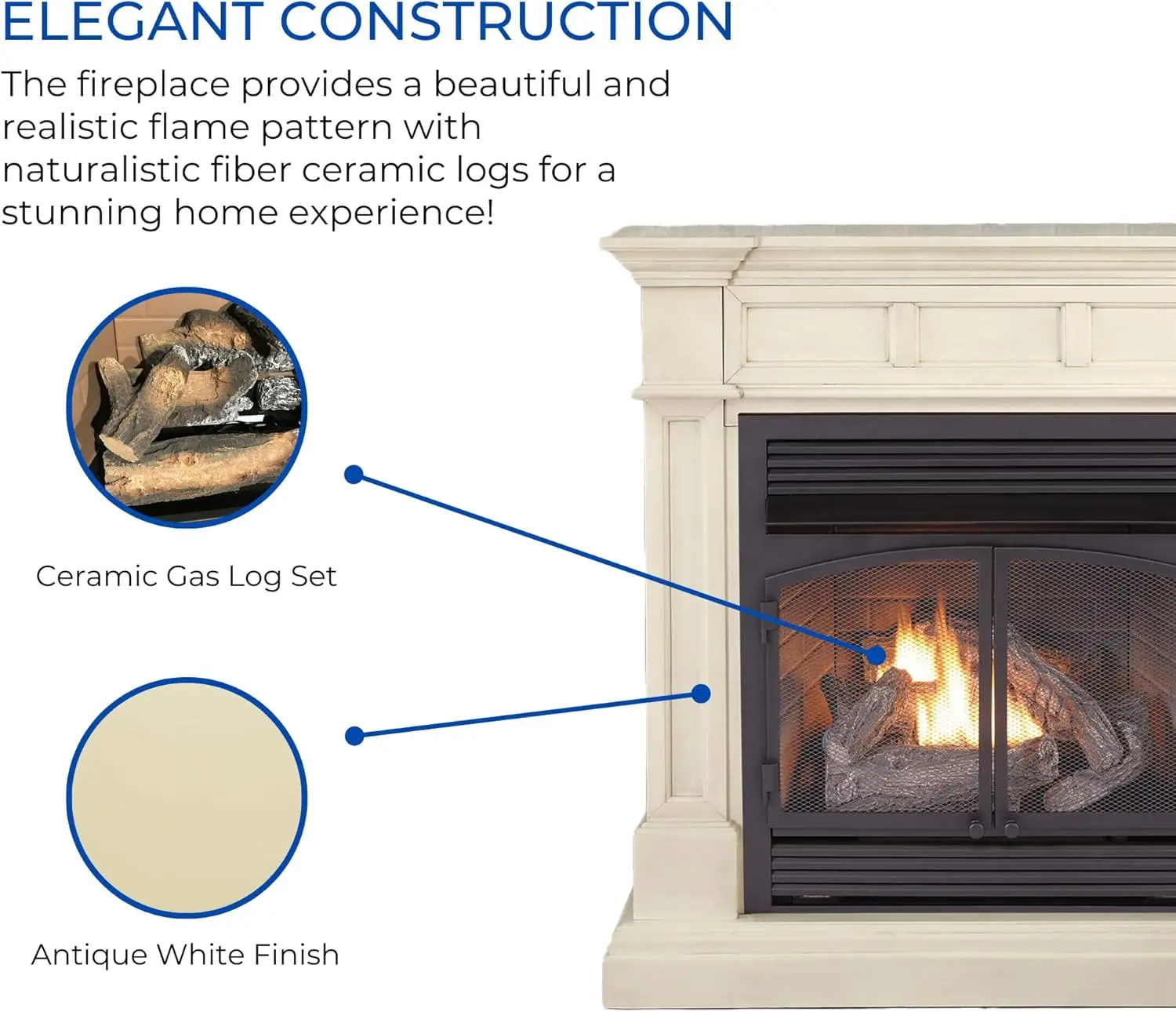 Dual Fuel Ventless Gas Fireplace System Mantle Thermostat Control6Fire Logs Use with Natural Gas or Liquid Propane Antique White