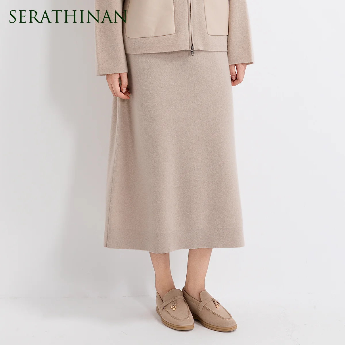 TY862151 Women's Wool Cashmere Blend Midi Skirt Elasticated Waist A-Line Knit Skirt Soft Knit Relaxed Fit LP Quiet Luxury Autumn