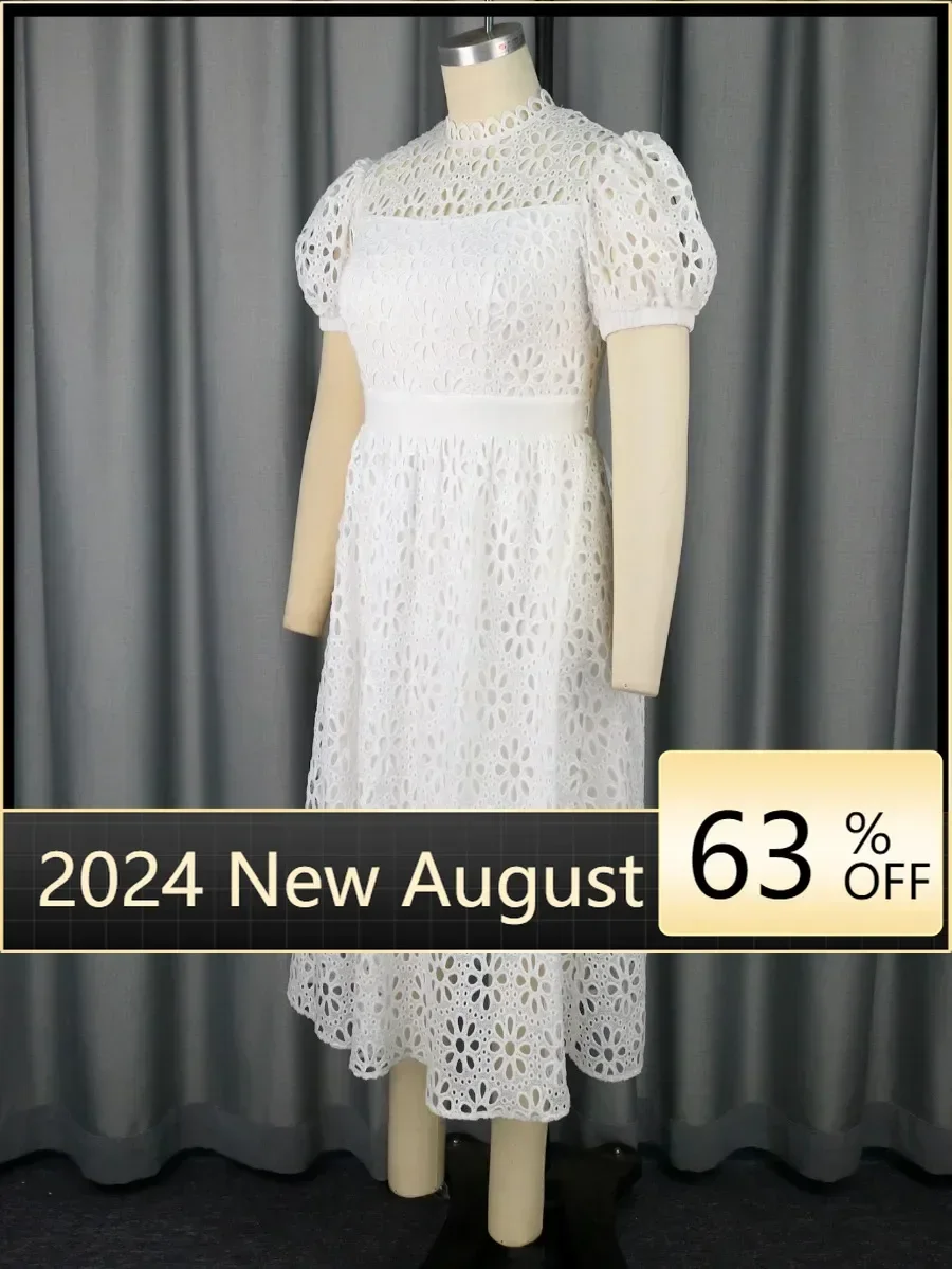 

White Lace Dresses Mock Neck Short Puff Sleeve High Waist A Line Hollow Flower Out Classy Evening Party Outfits for Women