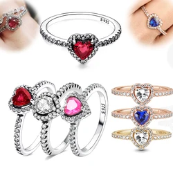 Anillo de Plata de Ley 925 con corazón rojo elevado, anillos de cristal de colores para mujer, regalo de San Valentín, joyería DIY