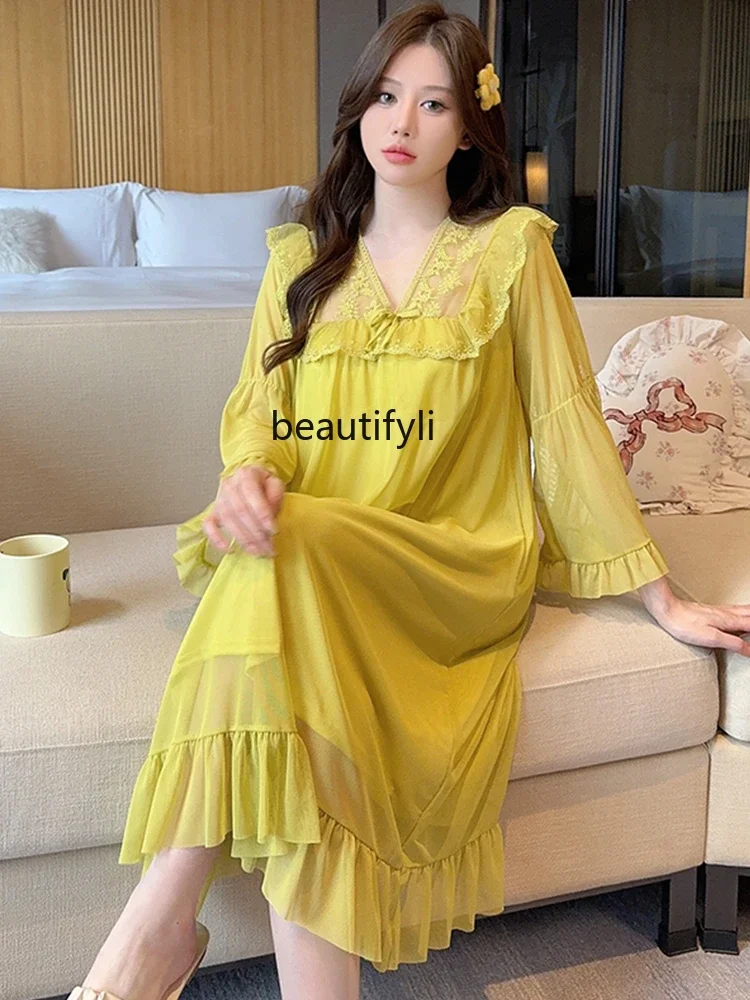 French Royal Style Nightdress for Women Spring and Autumn Mid-Length Sexy Mesh Sweet Princess Ruffles Can Be Outerwear Homewear