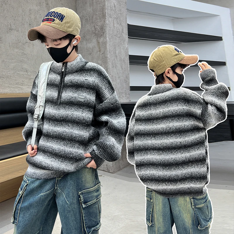

Kids Sweater 4 to 14Y Autumn Korean Style Boys Striped Vevlte Long Sleeve Casual Toddlers Kids Pullovers Tops Children Clothes