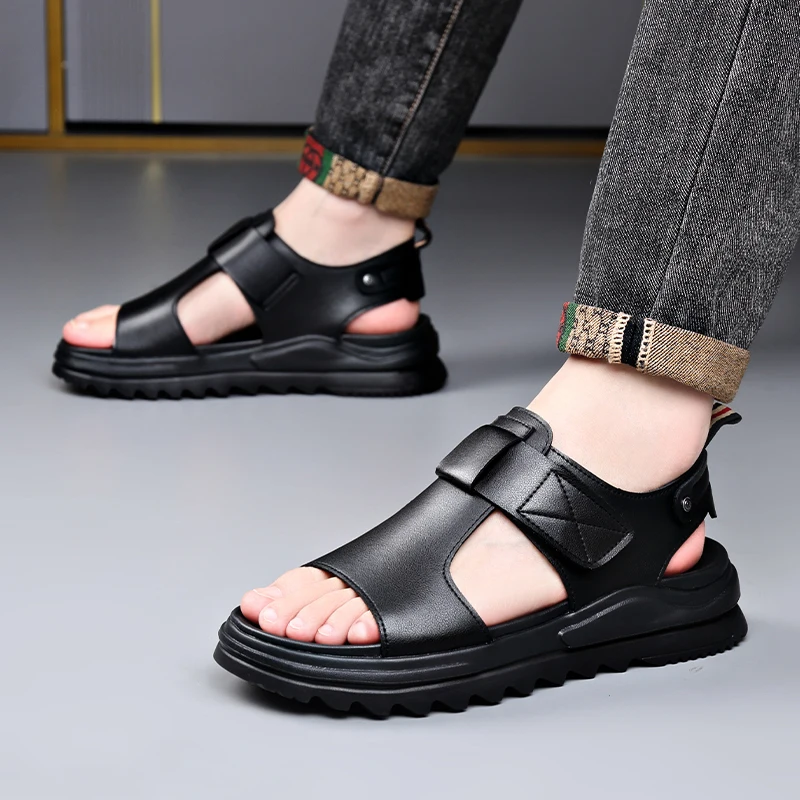 Thick Soled Sandals of Genuine for Men with Increased 5C Height Wear High Summer Driving Working Beach Shoes Made All Cowhide