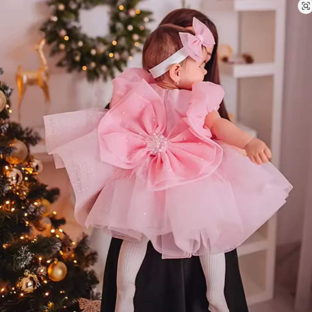 Pink Flower Girl Dresses for Wedding Kids Bow Christening Princess 1st Birthday Children Tutu Baby Girl Clothes Customized