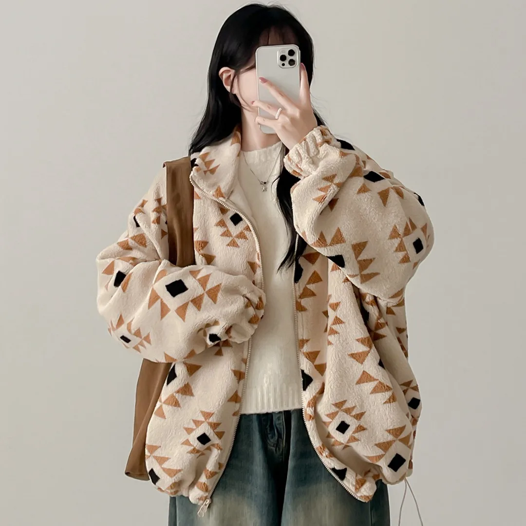 Winter Casual Diamond Pattern Fleece Stand Collar Double Zipper Versatile Outerwear Thick Woolen Commute Style Women's Coat