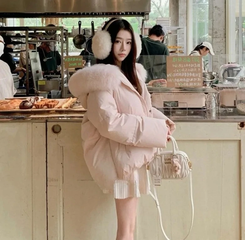 

Pink White Duck Down Coat Lady Fox Fur Collar Hooded Thick Warm Down Jacket Single