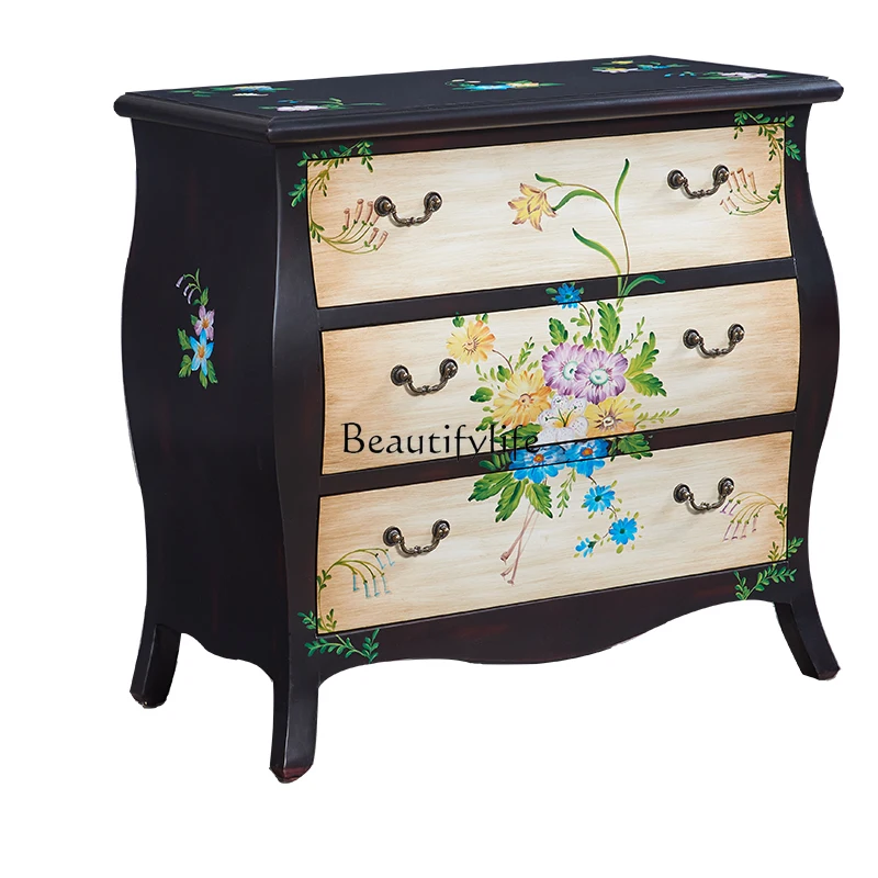 

American rural solid wood three-bucket cabinet painted Chinese side cabinet old classical