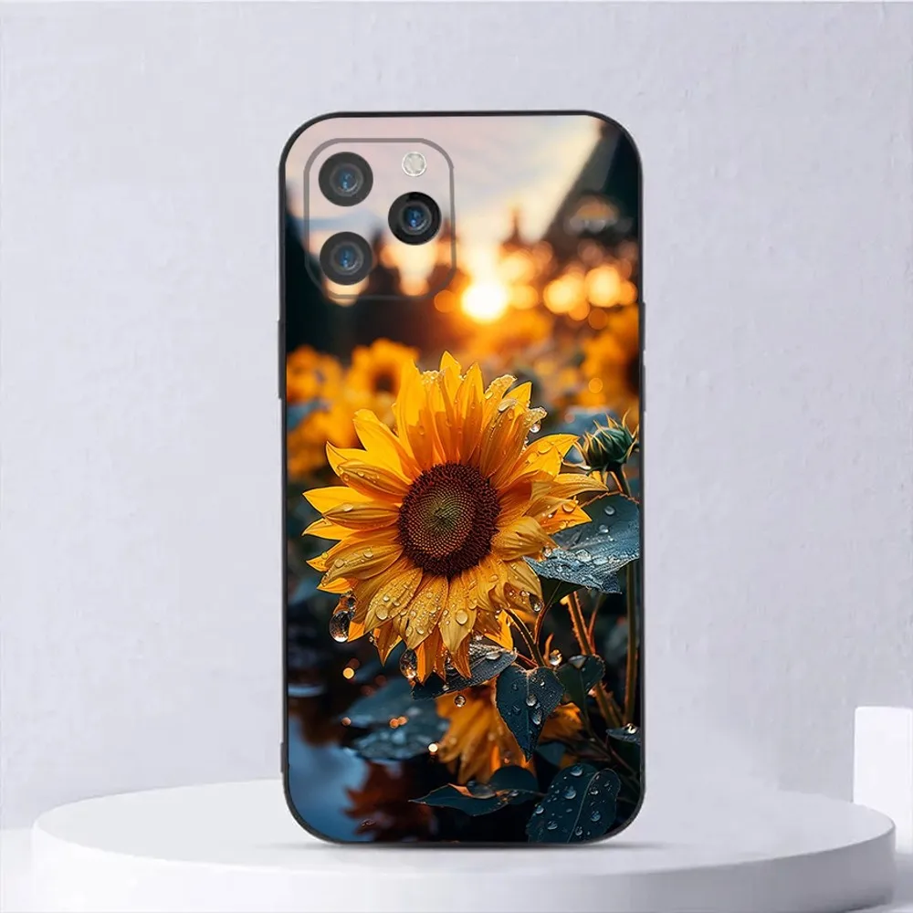 Beautiful Yellow Sunflower Phone Case For iPhone 15,14,13,12,11,Plus,Pro Max,XS,X,XR,SE,Mini,8,7 Soft Silicone Black Cover